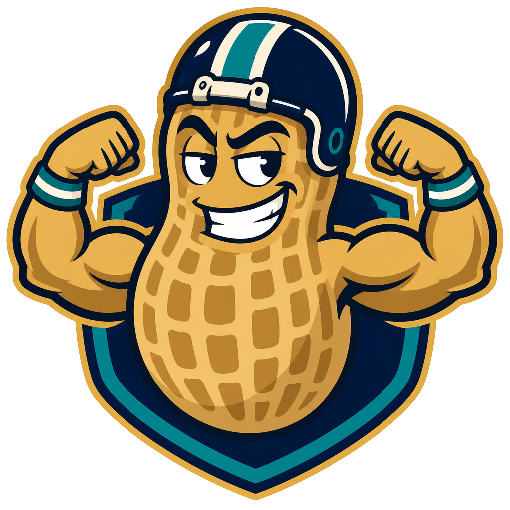Juggernut mascot: a flexing nut wearing a football helmet